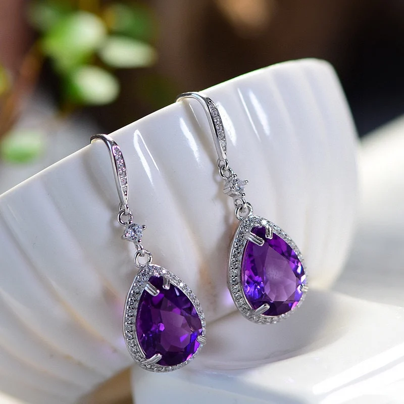 

1Pair Fengbaowu Natural Amethyst Earring Faceted Water Drop 925 Sterling Silver Reiki Healing Stone Fashion Jewelry Gift