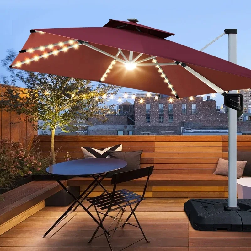 Wholesale Led Big Size Cantilever Umbrella 3*3m Solar Panel Roman Umbrella & Base LED  Parasols Patio Garden Umbrellas