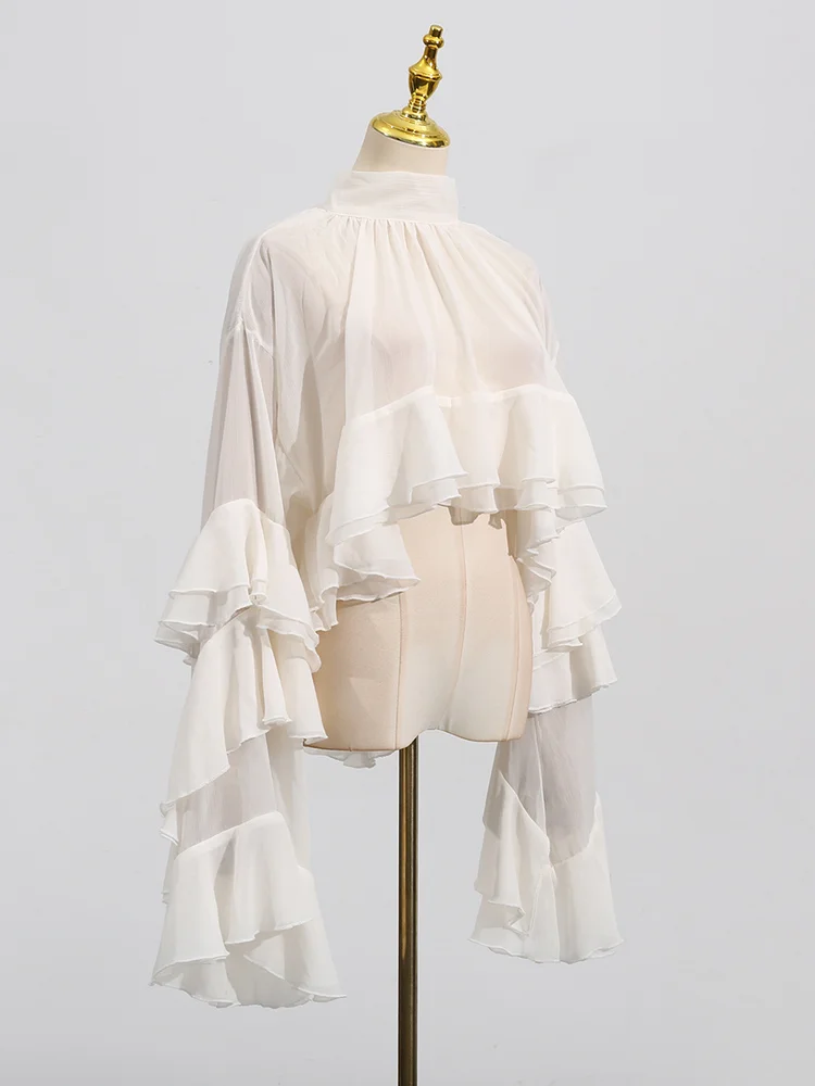 بلوزات نسائية ذات طبقات مكشكشة شفافة ورقبة عالية وأكمام واسعة بلون سادة وأربطة قمصان حفلات أنيقة #4