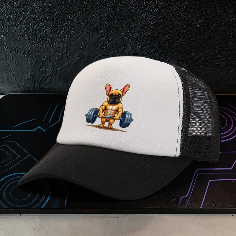 1pc, Muscle Bulldog Print Adjustable Sponge Patchwork Cap, Lightweight Printed Craft Women'S Hat