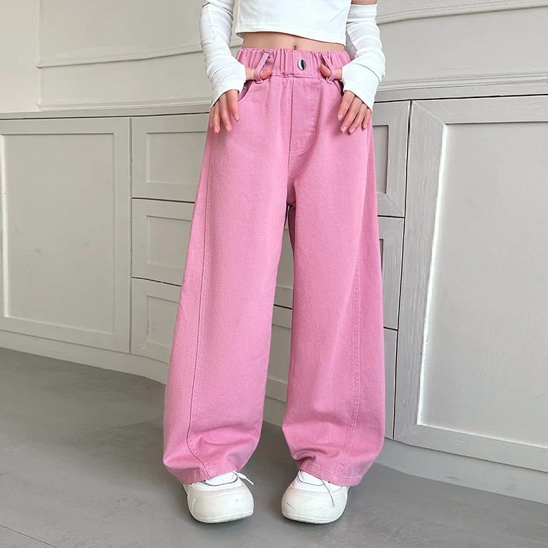 New Kids Designer Pink Yellow Jeans For Teenage Girl 5 6 7 8 10 12 14 Y Children Cotton Denim Pants Stylish Candy Color Trousers