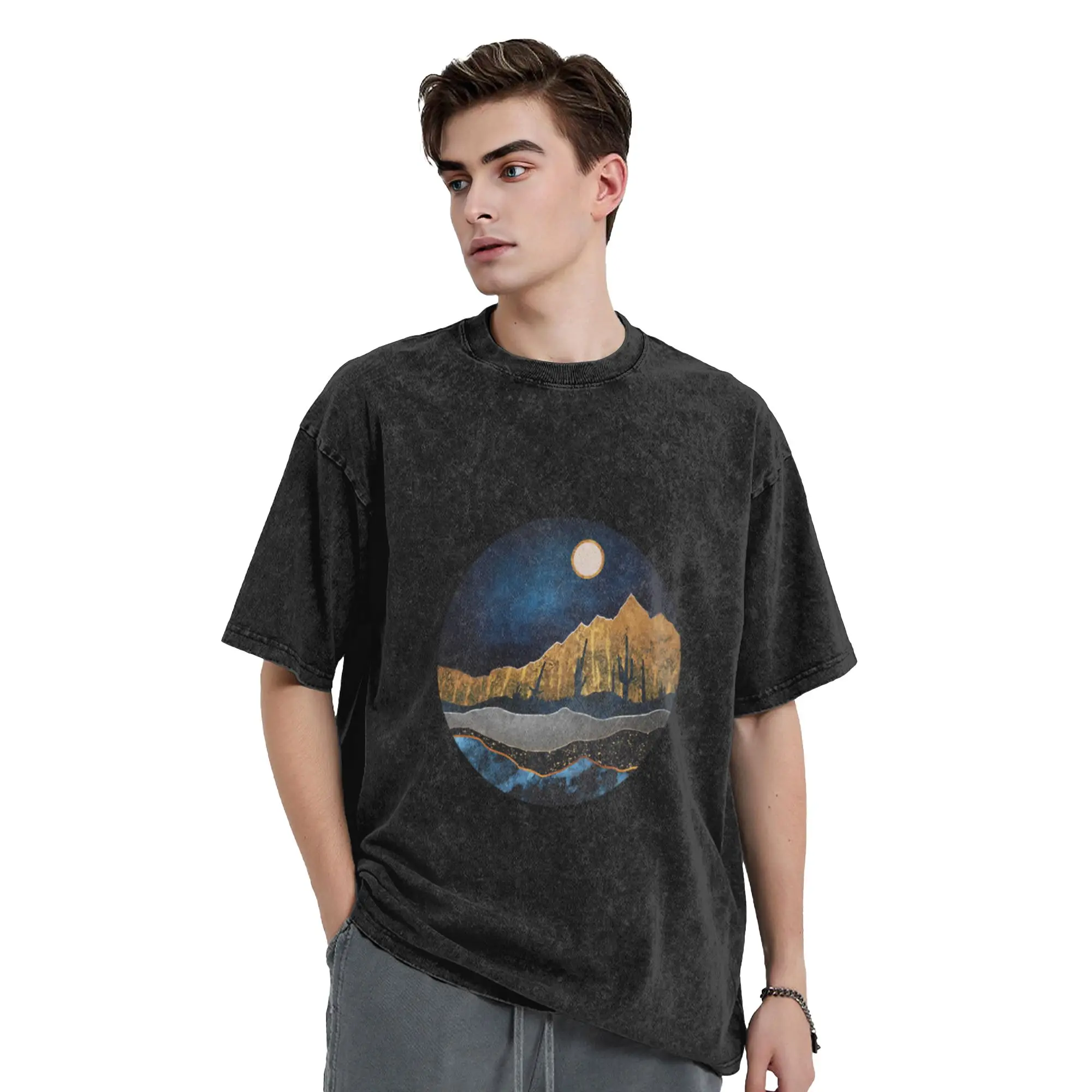 Midnight Desert Moon  Unique Cool A Washed T Shirt Men's Women's Oversized Cotton Tees Tops