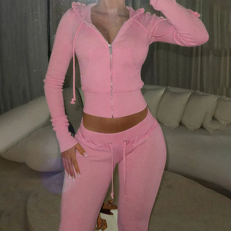 Autumn Winter Fashion Street Women Two-piece Casual Solid Color Zipper Cardigan Slim Hoodie With Bodybuilding Pants Sports Suit