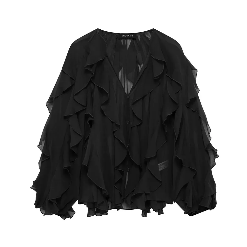 

Women's New Translucent Ruffle Shirt Sexy Elegant Single Breasted Casual Layering Blouse Summer Street Women's Clothing