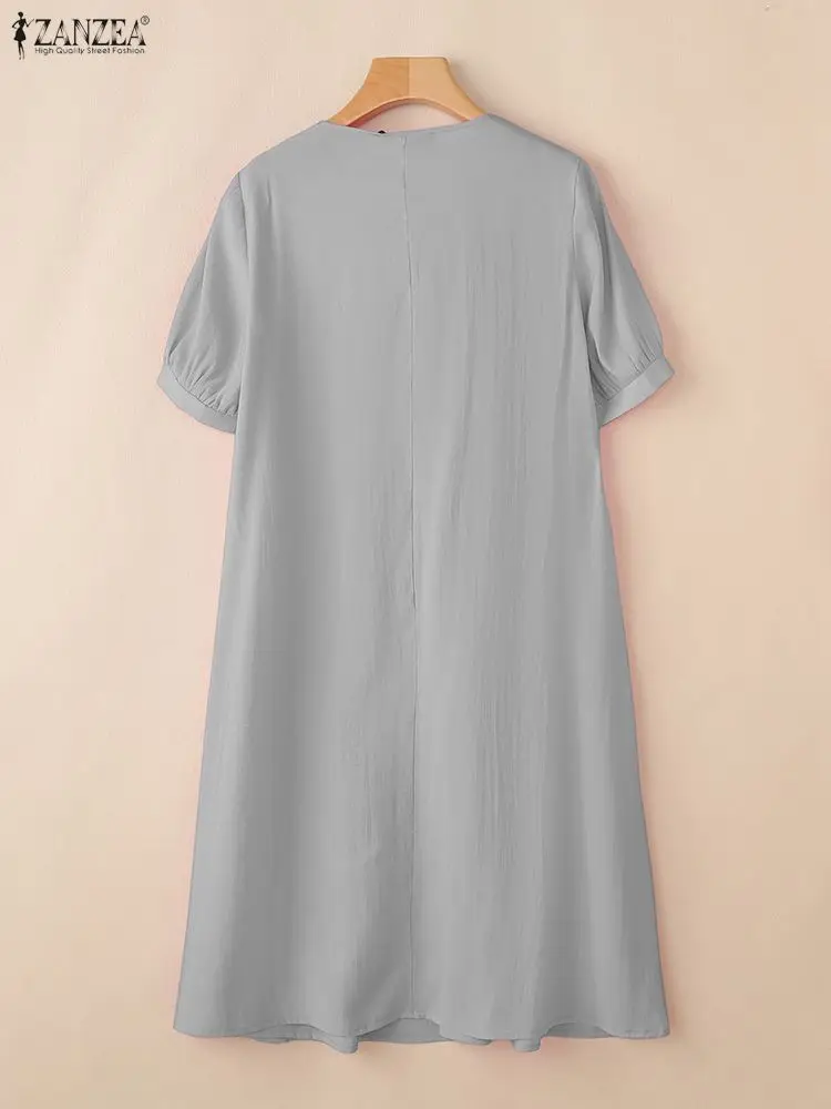 Zanzea 2026 verão vestido de verão elegante feminino manga curta ol vestidos de trabalho sólido vestido plissado casual o pescoço botão para baixo midi robe