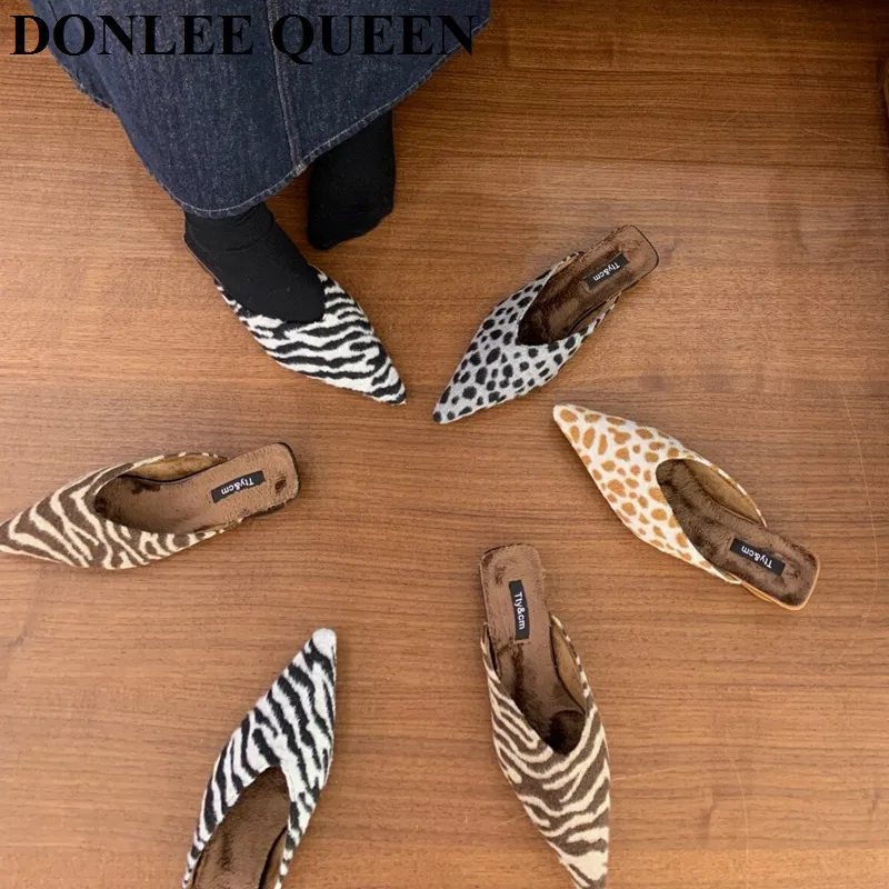 Women Pointed Toe Mules Slippers Faux Horsehair Animal Print Slip On Backless Loafers Flat Low Heels Warm Fur Ladies Dress Shoes