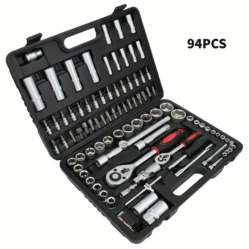 Ultimate 94pcs Carbon Steel Hand Operated Men's Home Essentials Tool Set Emergency Kit Auto Repair College Dorm Apartment Car