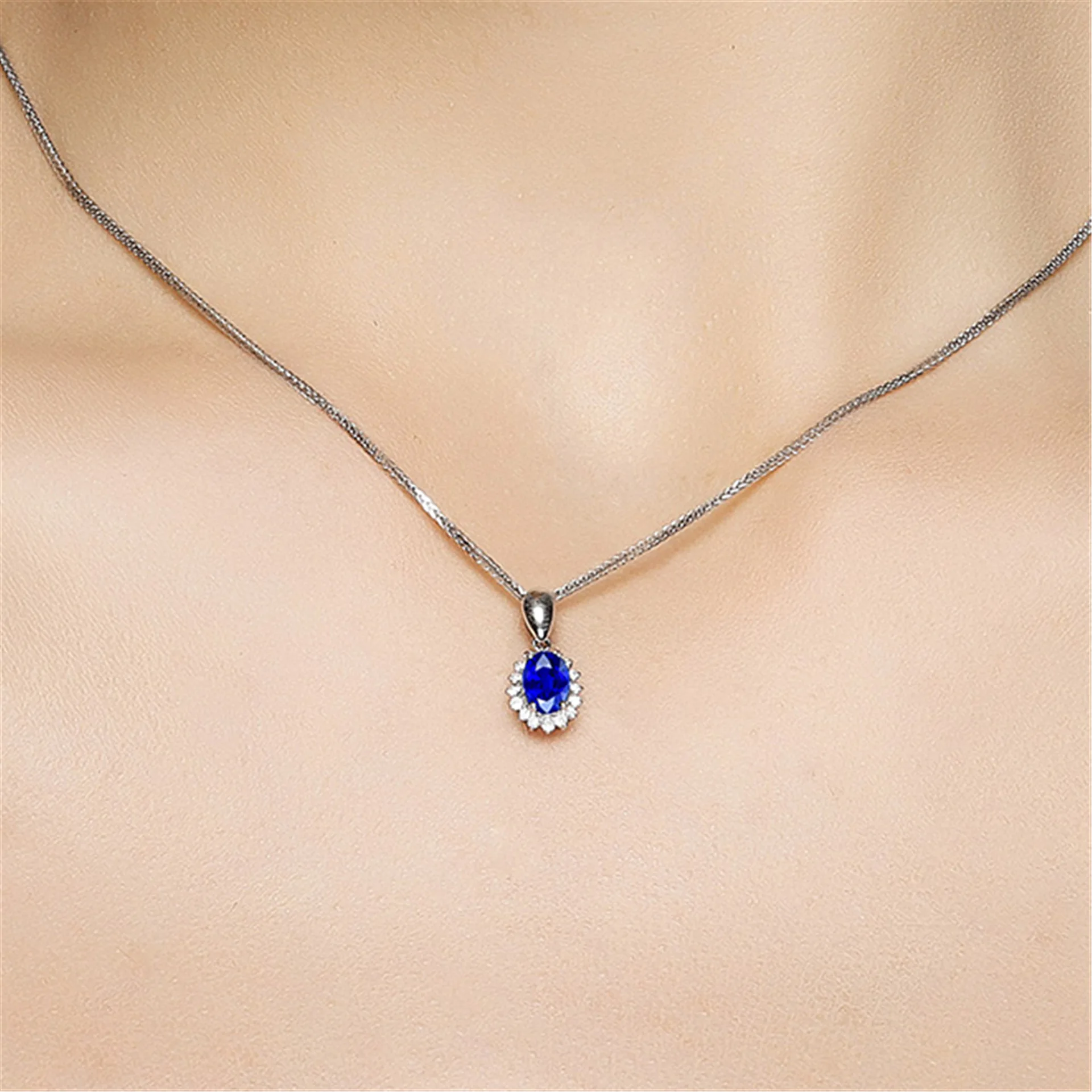 Oval Royal Blue Gemstone Halo Pendant Necklace 18k Gold Plated Sparkling Crystal Accent Fashion Jewelry For Women Wedding Party