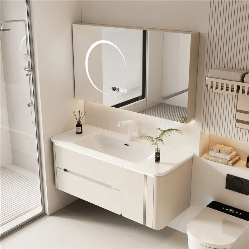 Light luxury oak paint door panel intelligent combination bathroom cabinet bathroom ceramic integrated basin hand wash face