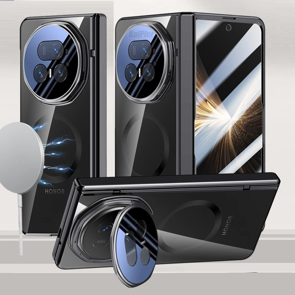 Plating Clear Alloy Lens Stand Holder Cases For HONOR Magic V5 5G 2025 Magnetic Flip Camera 360 Full Protection Cover