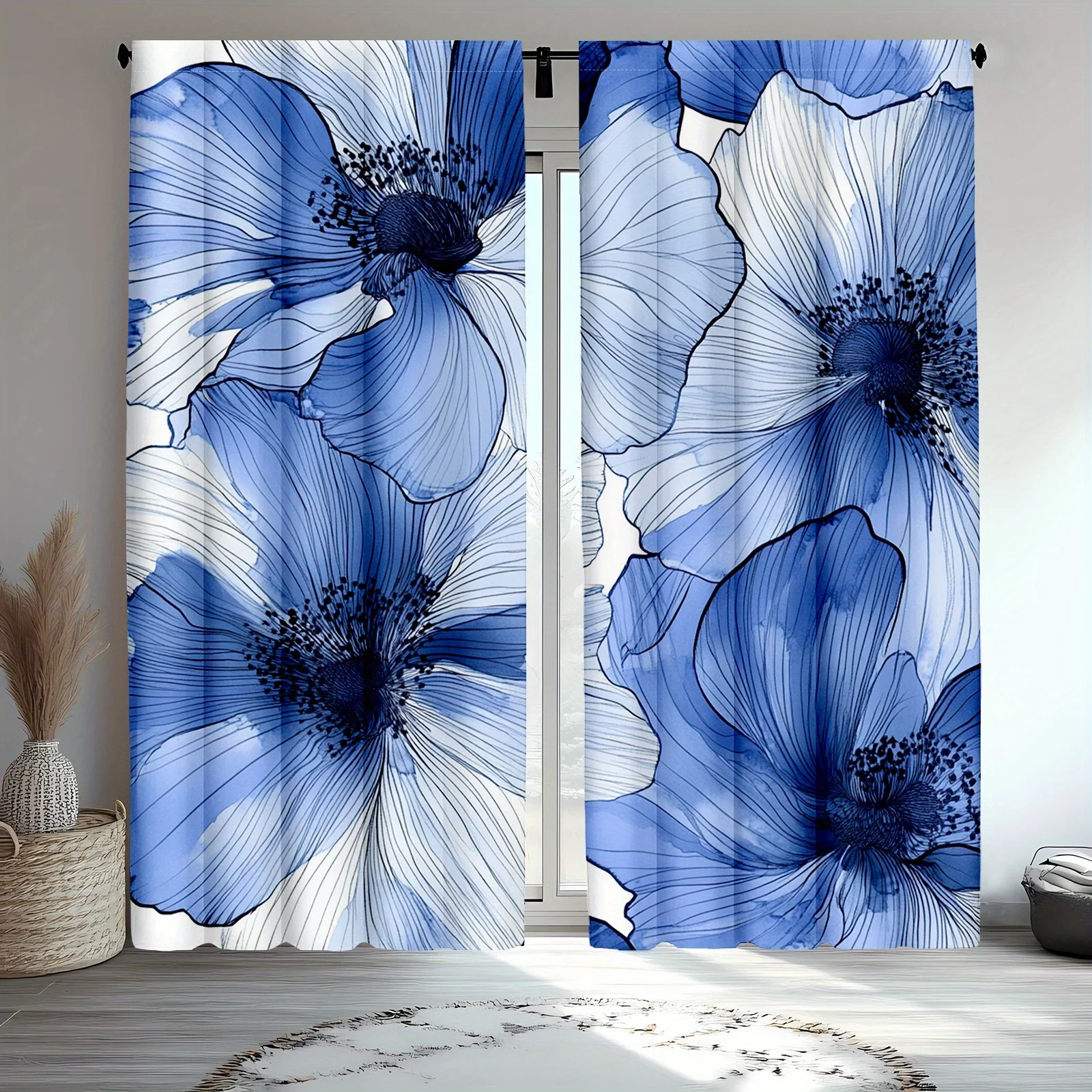 2pcs Blue and Silvery Watercolor Flower Curtains, Thermal Insulated Blackout Drapes