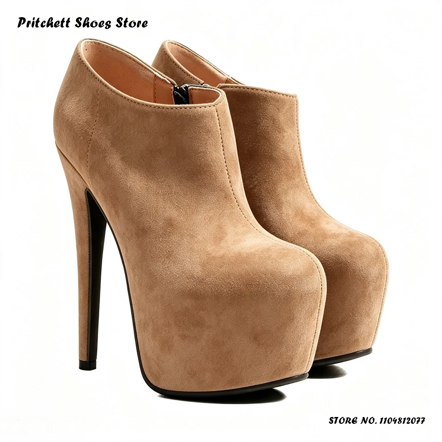 Women's Solid Platform Stiletto Booties Concise Side Zipper Slip-on Ankle Boots Elegant Round Toe Thin Heels Plus Size Footwear