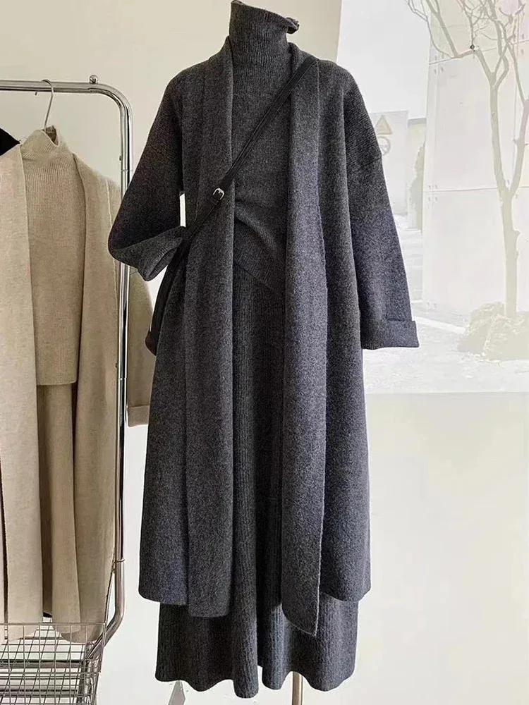 BZVW Fashion Knited Three Piece Set Women\'s Turtleneck Vest Long Cardigan With Solid Color Casual Skirts 2024 Autumn New 25Z1283
