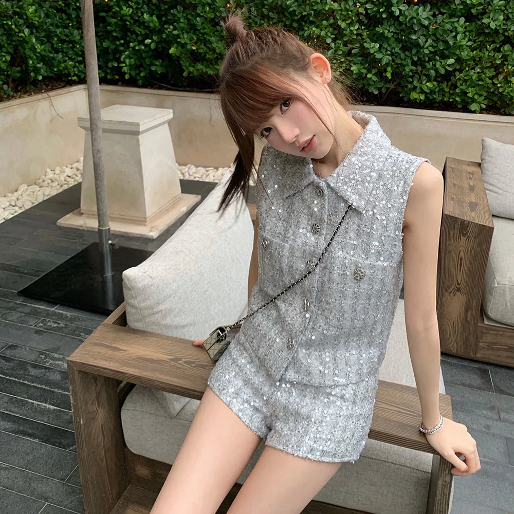 Korean Elegant Small Fragrance Wind 2 Piece Suit Women Outfit Laper Vest Tops + Short Set Summer Sweet Tweed Two Piece Pant Sets