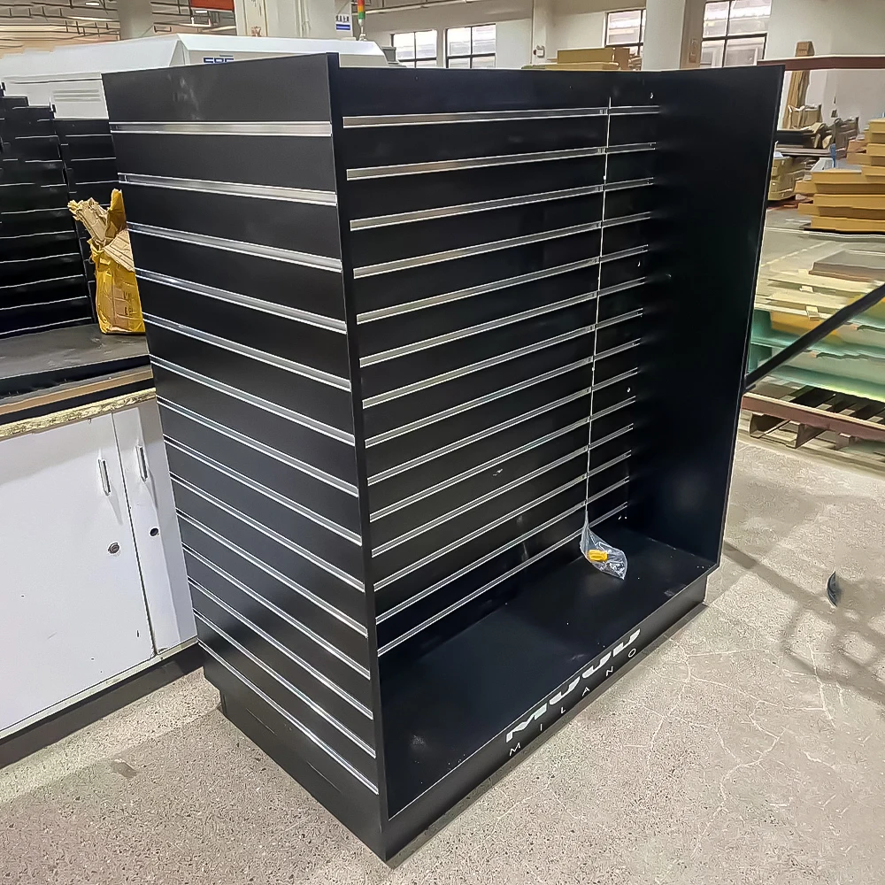 Custom.High Quality Double Sided H Shaped MDF Slatwall Display Stand - Warna Kayu