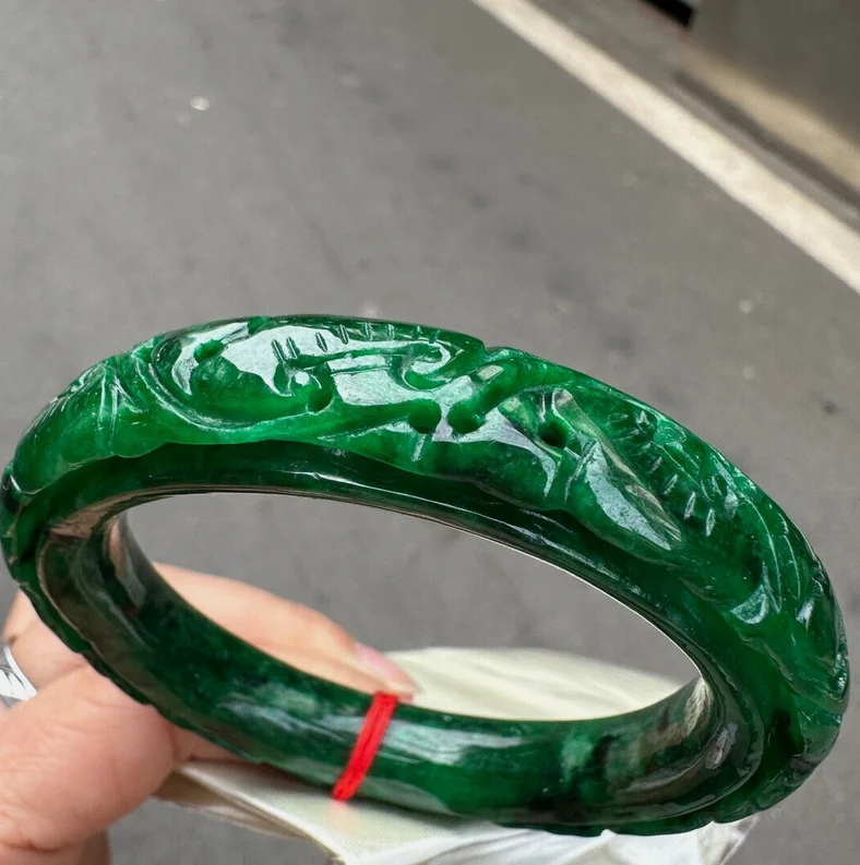 Round Rod Grade AAA Hand carving Green Burma Jade jadeite bracelet bangle 58mm