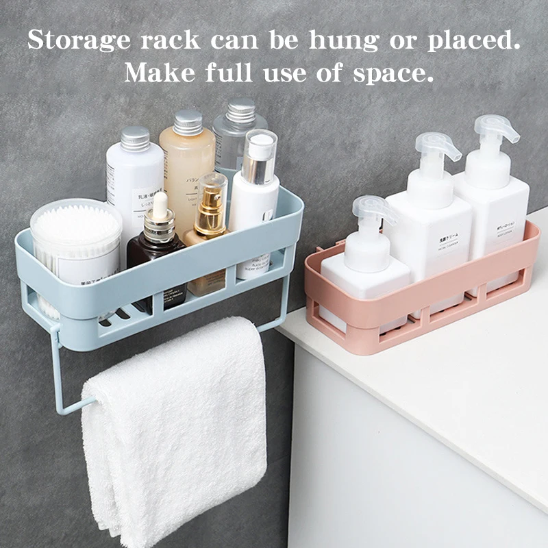 Bathroom Shampoo storage with Removable Towel Rack No Holes Needed Kitchen Organizer Wall Mounted Desktop Dual Shelf Organizer