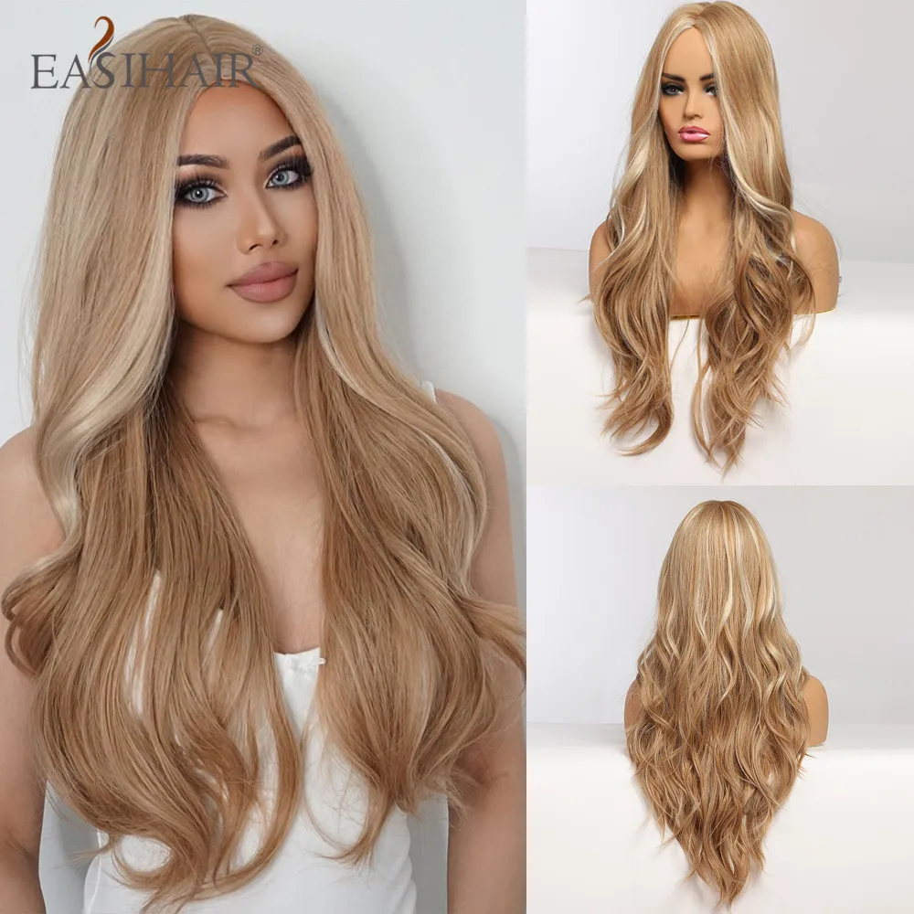 EASIHAIR Golden Highlight Blonde długie faliste peruki syntetyczne część środkowa naturalne włosy dla kobiet codzienna impreza włókna termoodporne