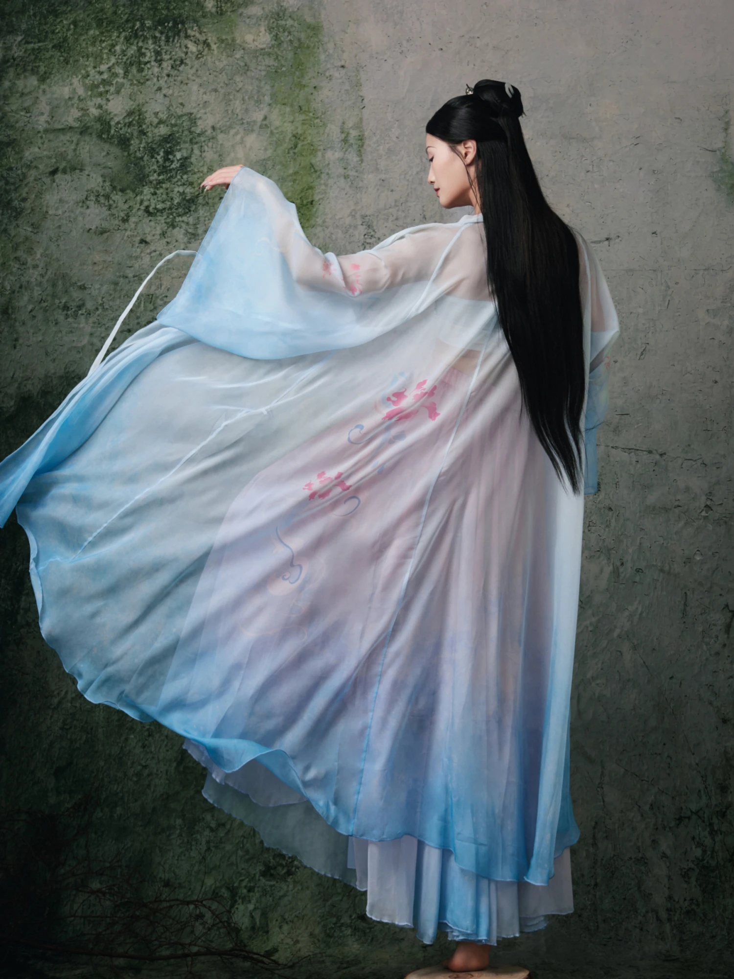 

WYZ Cover Gradient Blue Pink Silk Dress Ancient Style Jazz Dance Performance Costume Large Skirt Tunic Top Women's Fashion