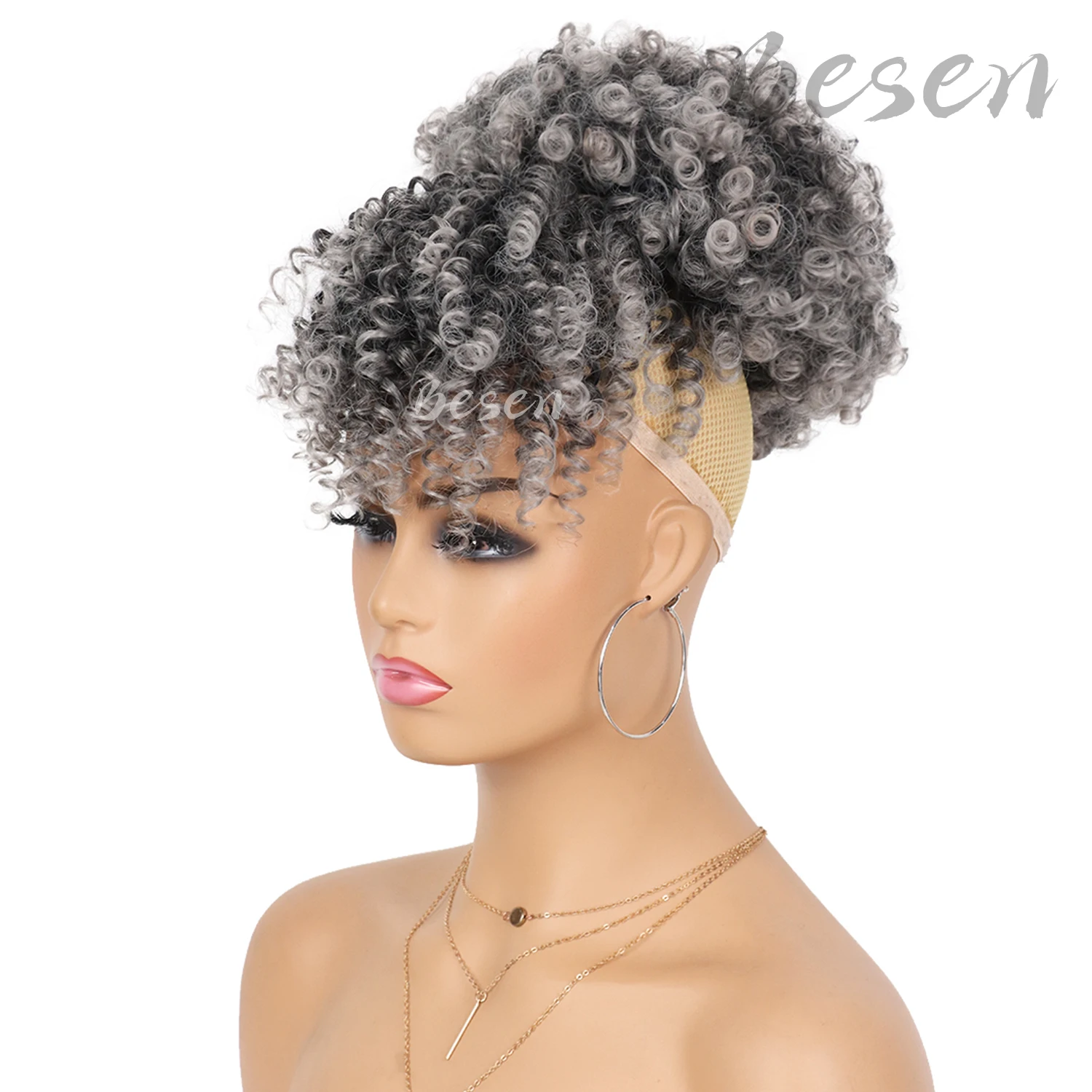 Synthetic Drawstring Ponytail with Bangs Afro Puff Hairpiece