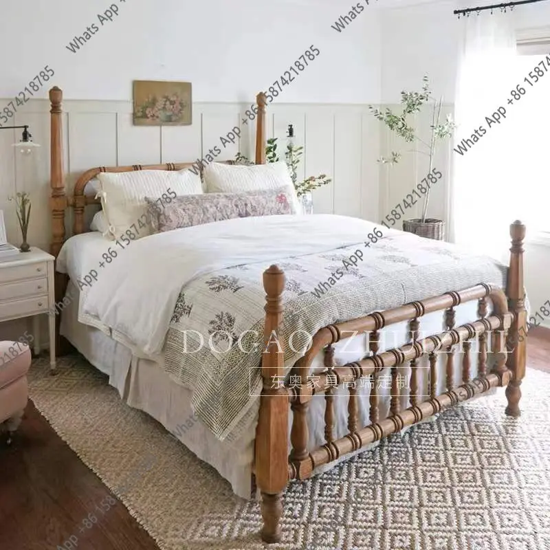 

French antique solid wood bed American light luxury high-end bed column 18 beds simple modern bed structure