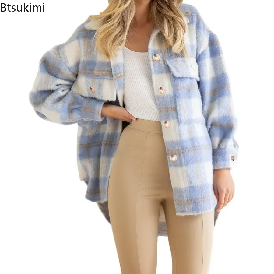 2024 New Women's Thicker Warm Overcoat Fashion Plaid Loose Casual Woolen Coats Long Sleeve Single-breasted Autumn Winter Jackets