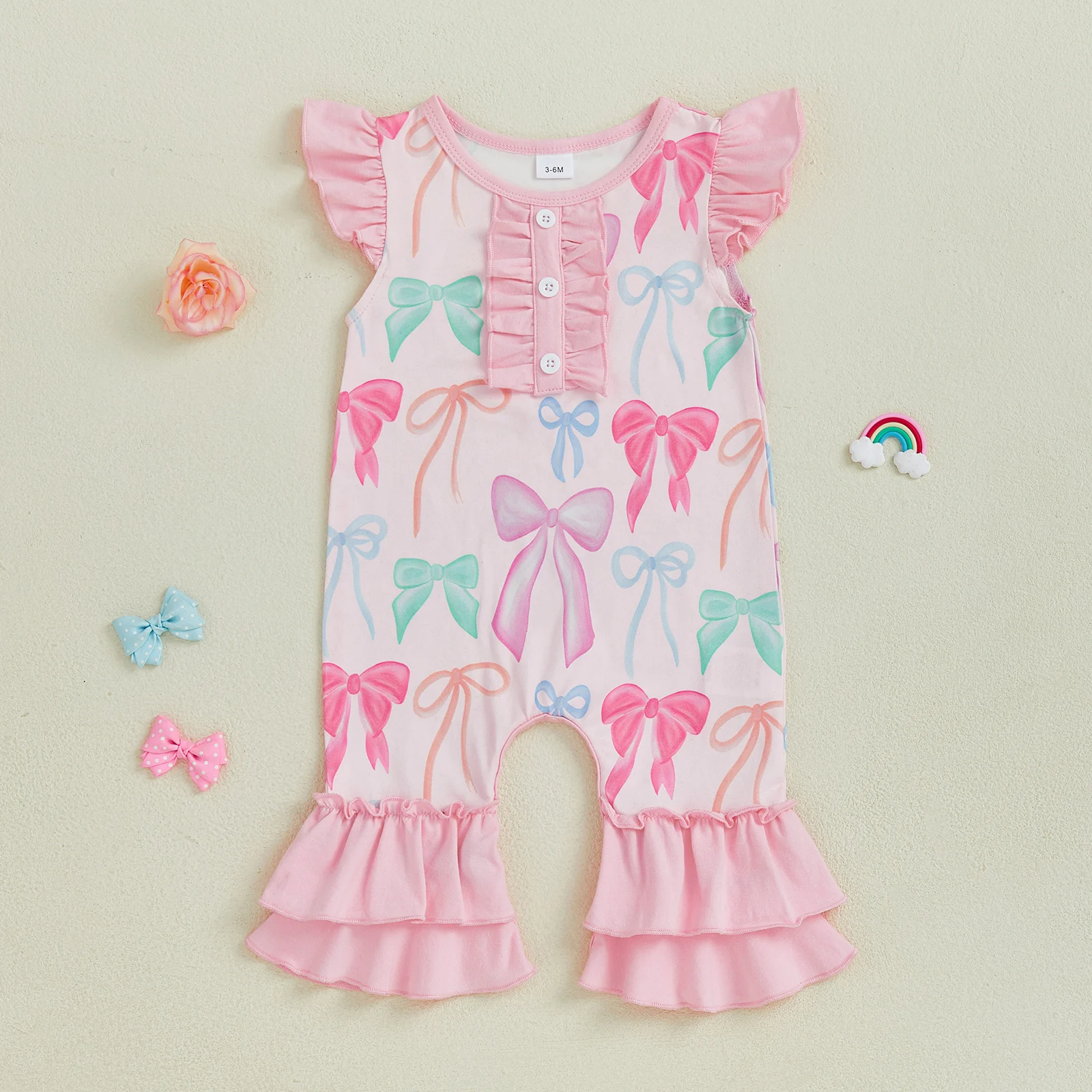 

Комбинезон для маленьких девочек с круглым вырезом и бантом, летний повседневный свободный комбинезон с рукавами-крылышками, одежда для детей 0-18 месяцев