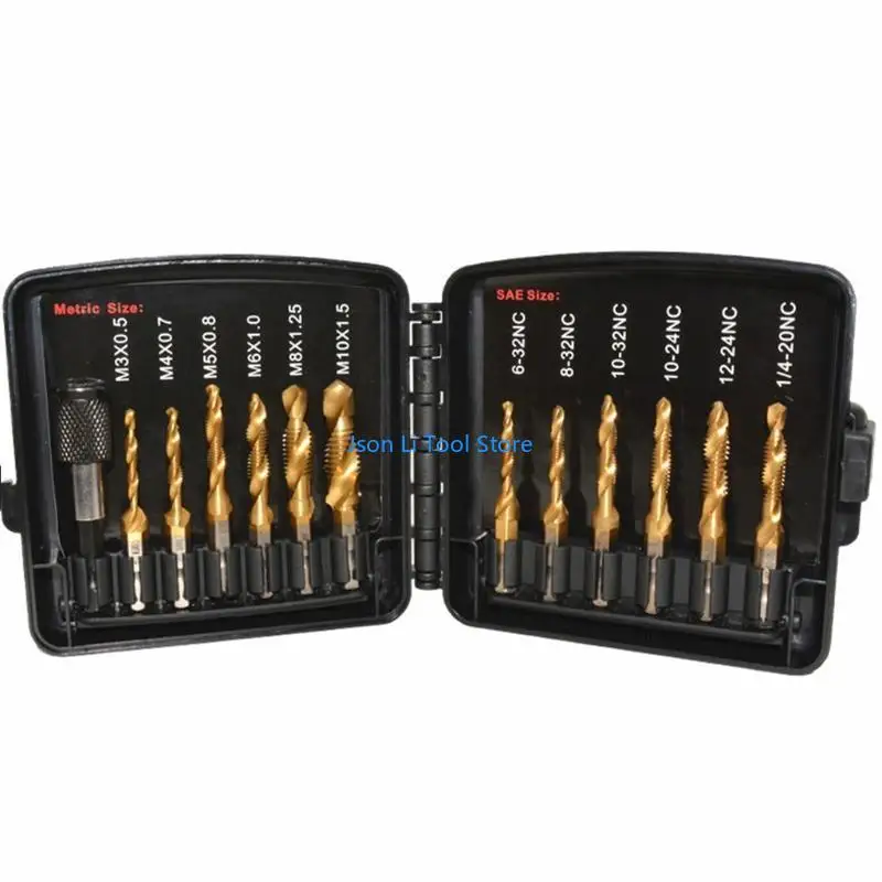 Y08D 13 ชิ้น SAE/Metric COMBINATION DRILL & TAP BIT SET 3-in-1 Screw Tapping Bit Tool Shank Drill Bits สำหรับการขุดเจาะ