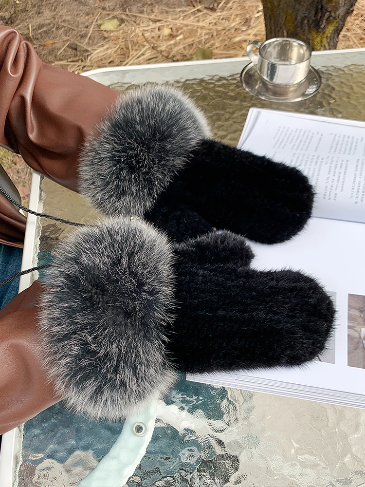 Women Fluffy Luxury Natural Mink Fur Mittens With Genuine Fox Fur Trimming Gloves Ladies Fur Elastic HandKnitted Hand Warmer Dro