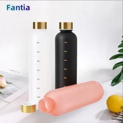 1L Bottle With Time Marker 32 OZ Motivational Reusable Fitness Sports Outdoors Travel Leakproof BPA Free Frosted Plastic