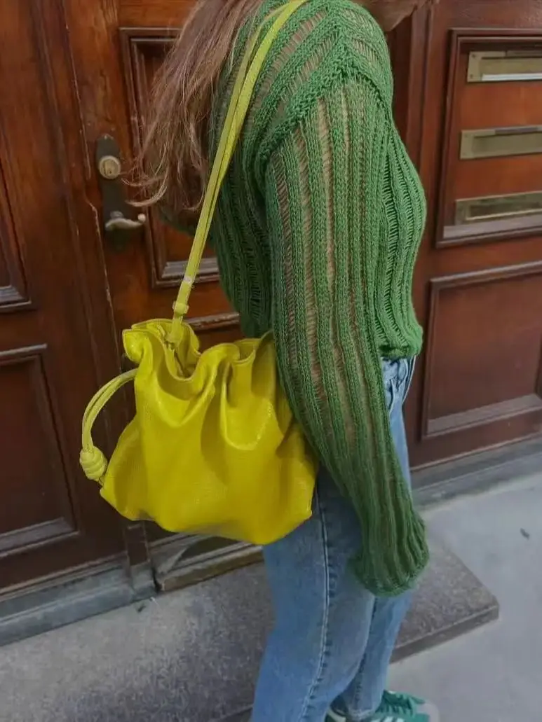 2026 spring and summer long sleeved pullover hand woven loose and comfortable soft mohair hollow out
