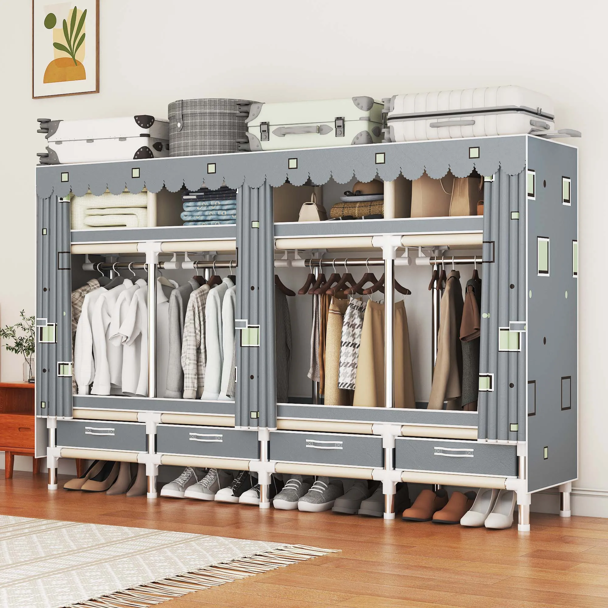 Large Space Storage Wardrobe Organizer - 4 Drawers + 4 Hanging Rods, 22mm Metal Frame Dustproof Closet (97.2x17.7x65.7in)