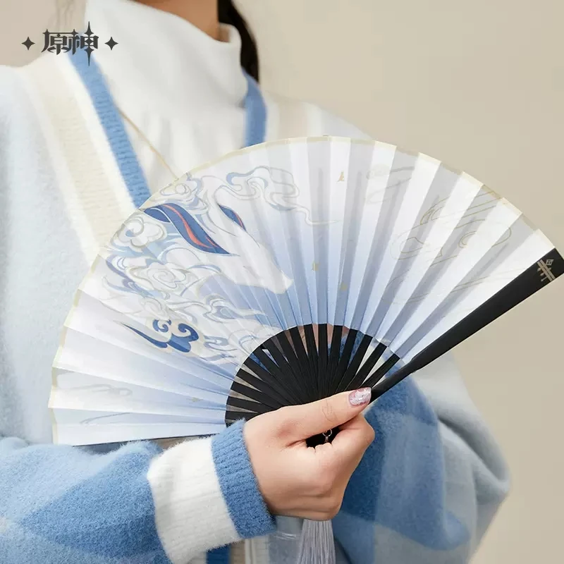 Anime Genshin Impact Ganyu Folding Fan Ancient Style Cartoon Handheld Folded Cool Cloth Fan Cosplay Costume Props Gifts