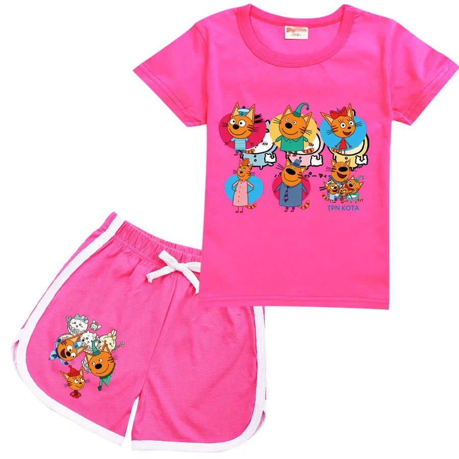 

Cute Cartoon Kid-e-Cats T Shirt Kids Kawaii Pudding Biscuit Candy Clothes Girls Short Sleeve T-shirt Shorts 2pcs Set Boy Outfits