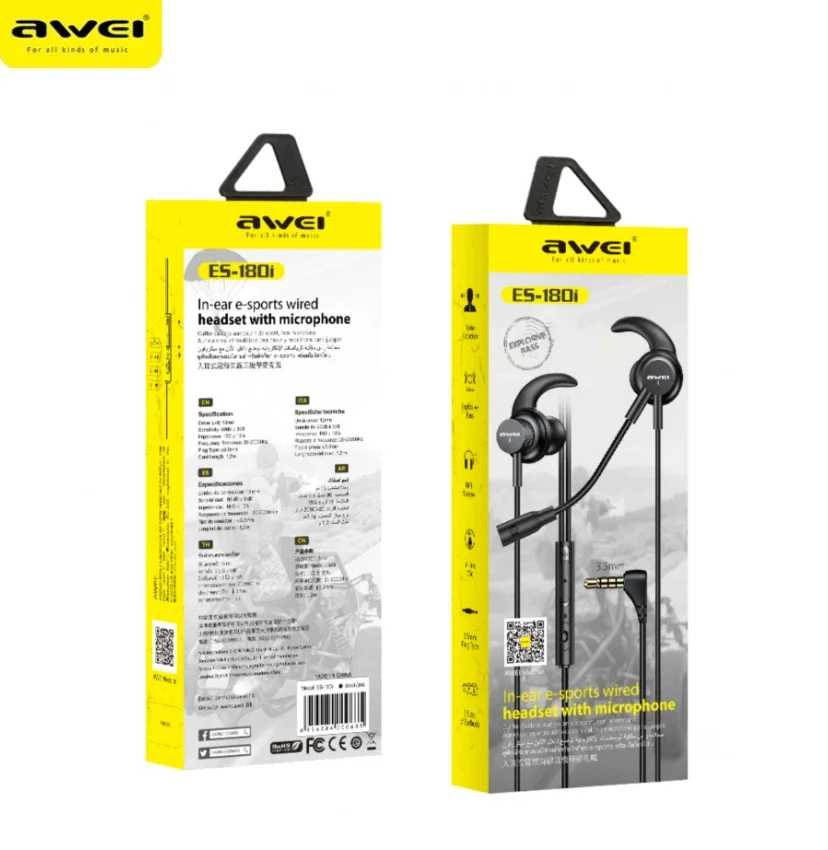 Awei ES-180i 3.5mm In-Ear Wired Headphones With Mic Control Gaming Earbuds Sports Headset Earhook Wired Earphones For Cellphone