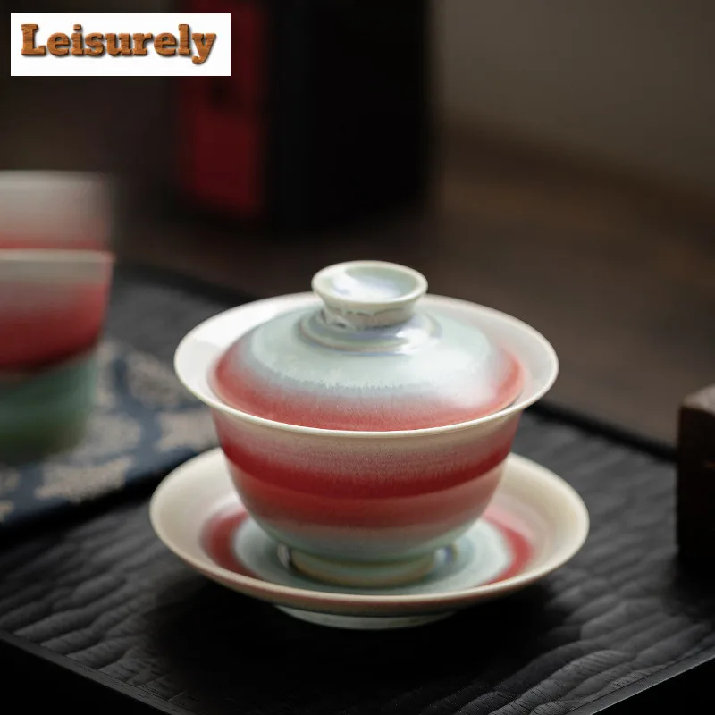150ml Aurora Kiln Change Gaiwan Creative Red Green Glaze Sopera Cup Saucer Tea Tureen Tea Brewing Cover Bowl Cha Supplies Craft