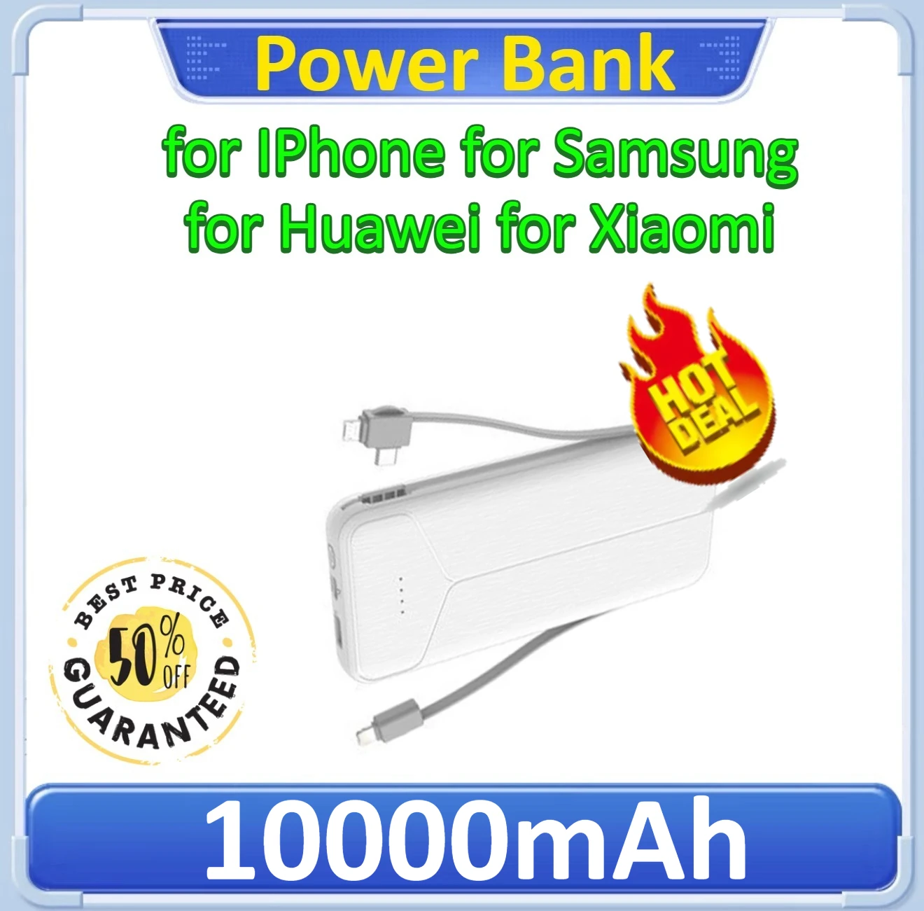 

Power Bank Portable Charger with US Plug 2 Builtin Cables External Battery Pack with Slim Powerbank for IPhone/Samsung 10000mAh