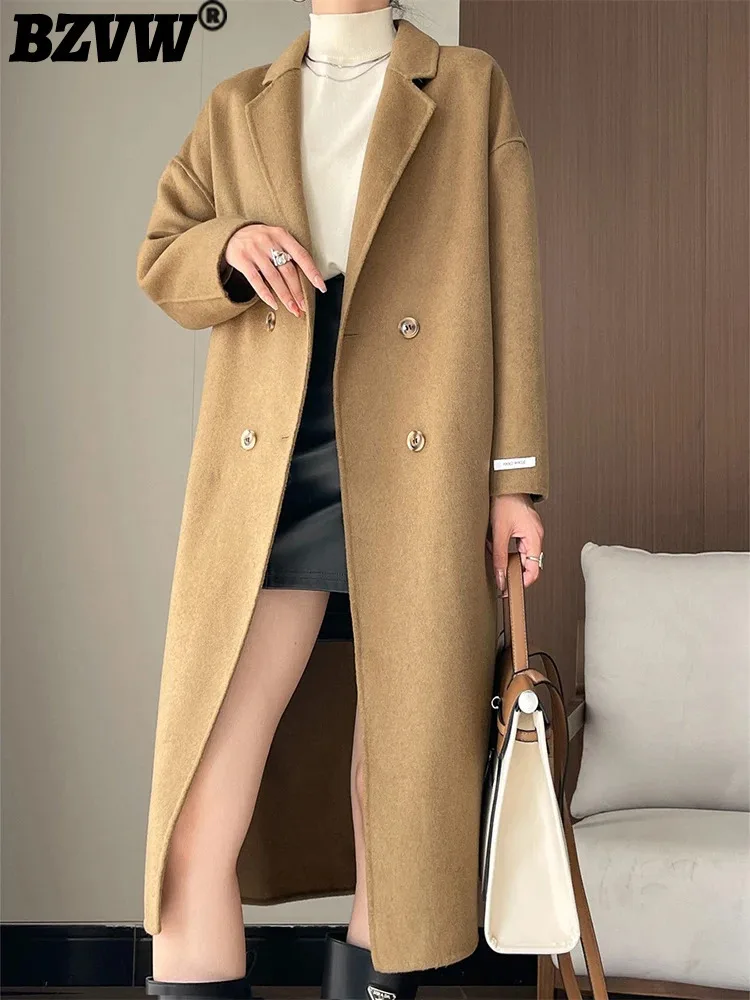

BZVW Office Lady Double Sided Woolen Coat Women's Lapel Long Sleeves Solid Color Mid Length Coats 2024 Autumn New 25Z1074