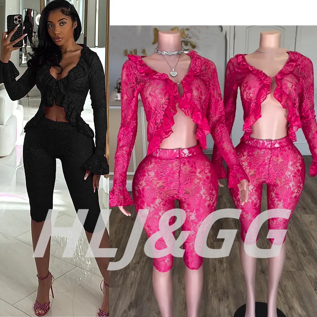 

FAGADOER Sexy Lace See Through 2 Piece Sets Woman Outfit Mesh Hollow Out Crop Top and Shorts Suit Female Y2K Streetwear Clothing