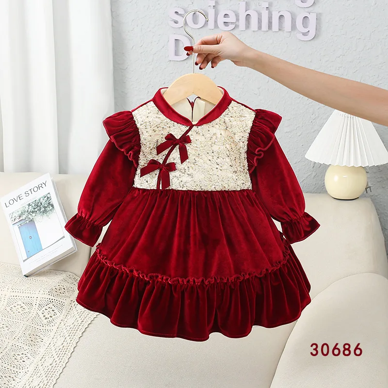 Girl\'s Princess Sequin Dress Winter Children Baby Infants Kids Velvet Thickened Bow Red Birthday Christmas New Year