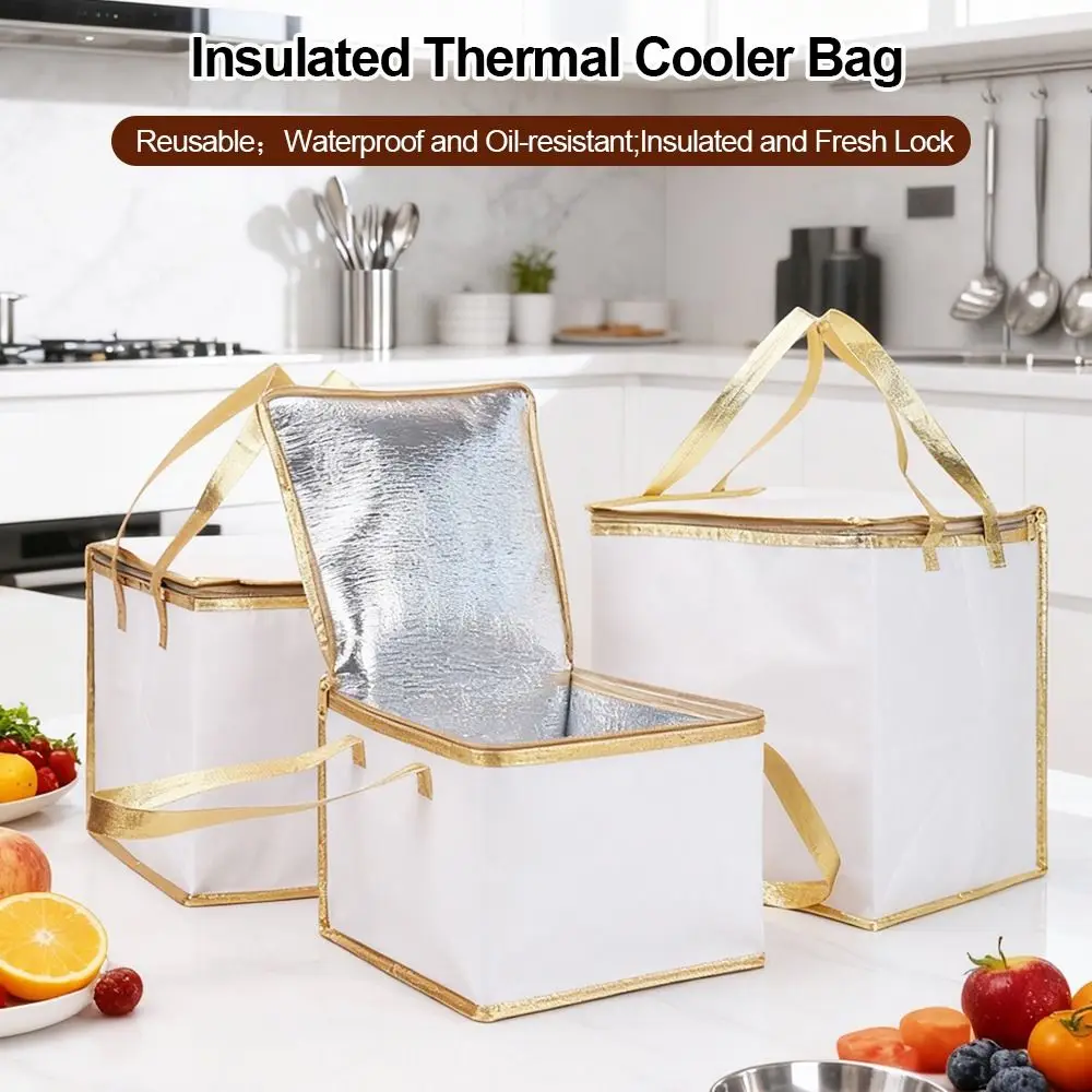 Reusable Aluminum Foil Tote Bag Zipper White Thermal Pizza Insulated Bag Refrigerated Bag Picnic Cake Fruit Drink Refrigeration