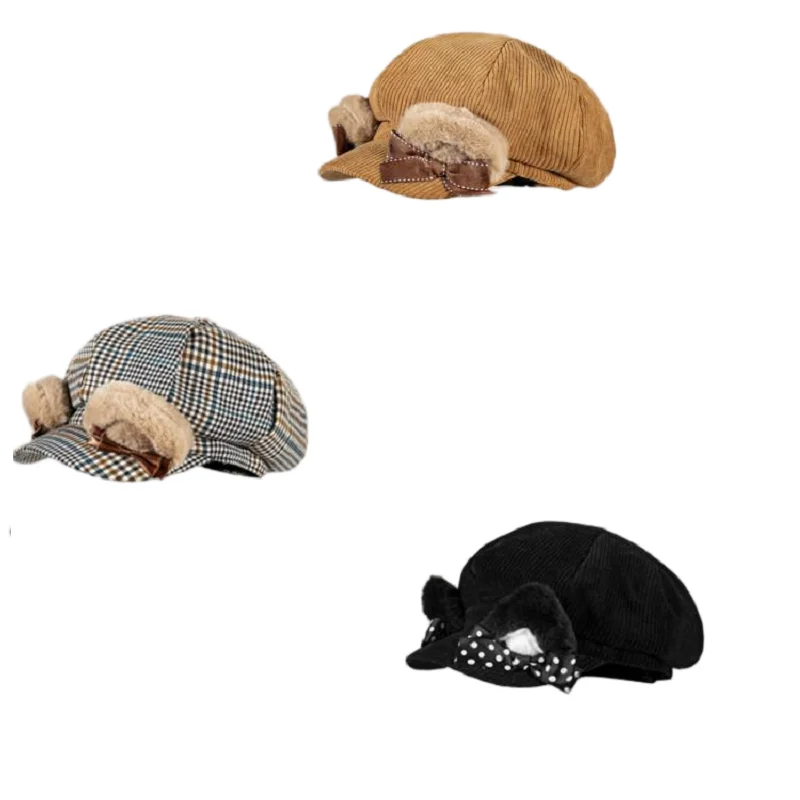 

Original Cute Cat Ears Corduroy Octagonal Hat Female Autumn and Winter Japanese Versatile Face Small Thousand Bird Grid Beret