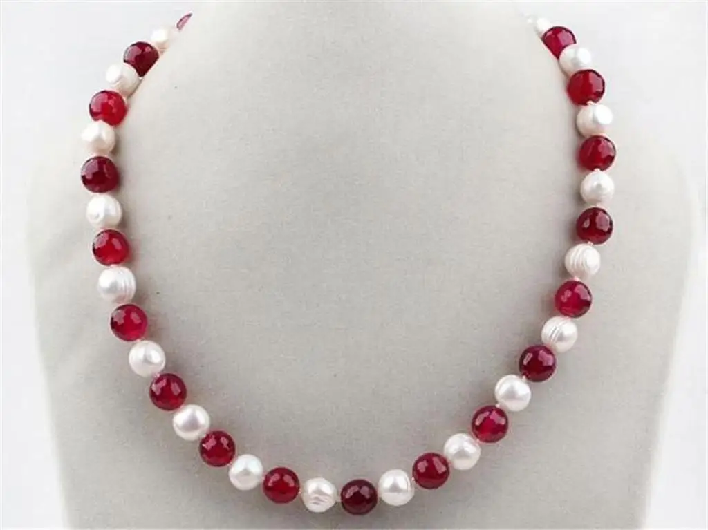 7-8mm White shell Pearl and Red 8mm Ruby Round Beads Necklace 18