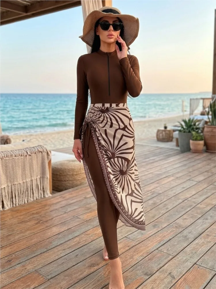 Retro Bikini Printed Fashion 3 Piece Swimsuit And Cover Up Pants With Skirt Tight Women's Bandage Summer Beach Luxury Elegant