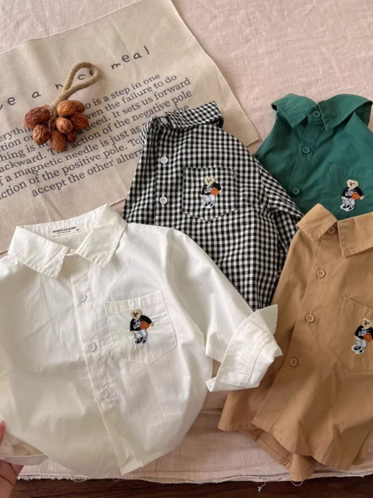 เด็ก Preppy ลายสก๊อต irt ยาว Sve เย็บปักถักร้อยฤดูใบไม้ผลิฤดูใบไม้ร่วงใหม่ Sle ex หมีเย็บ Fly ชุดจับคู่