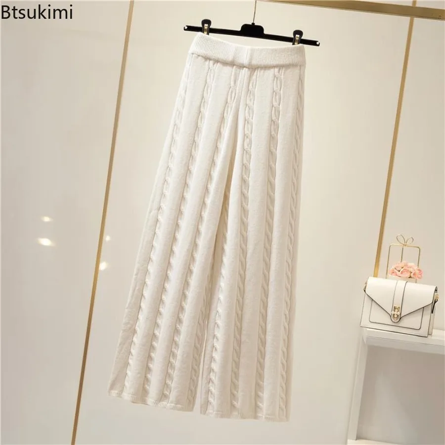 الشتاء محبوك بنطال ذو قصة أرجل واسعة المرأة عالية الخصر قطرة فضفاضة محبوك مستقيم الساق السراويل عادية اقتصاص بنطال ذو قصة أرجل واسعة للنساء