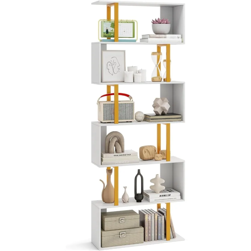 

Эксклюзивный 6-уровневый книжный шкаф с геометрическим рисунком, 74,5-дюймовая S-образная книжная полка с металлическим каркасом, современная отдельно стоящая декоративная полка для хранения