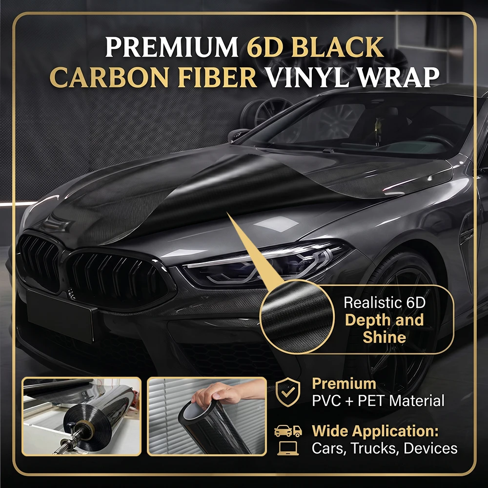 6D Carbonfaser Schwarze PET Auto-Vinylfolie Luftblasenfreie Selbstklebende Farbwechselfolie Auto-Karosserie-Dekorationszubehör