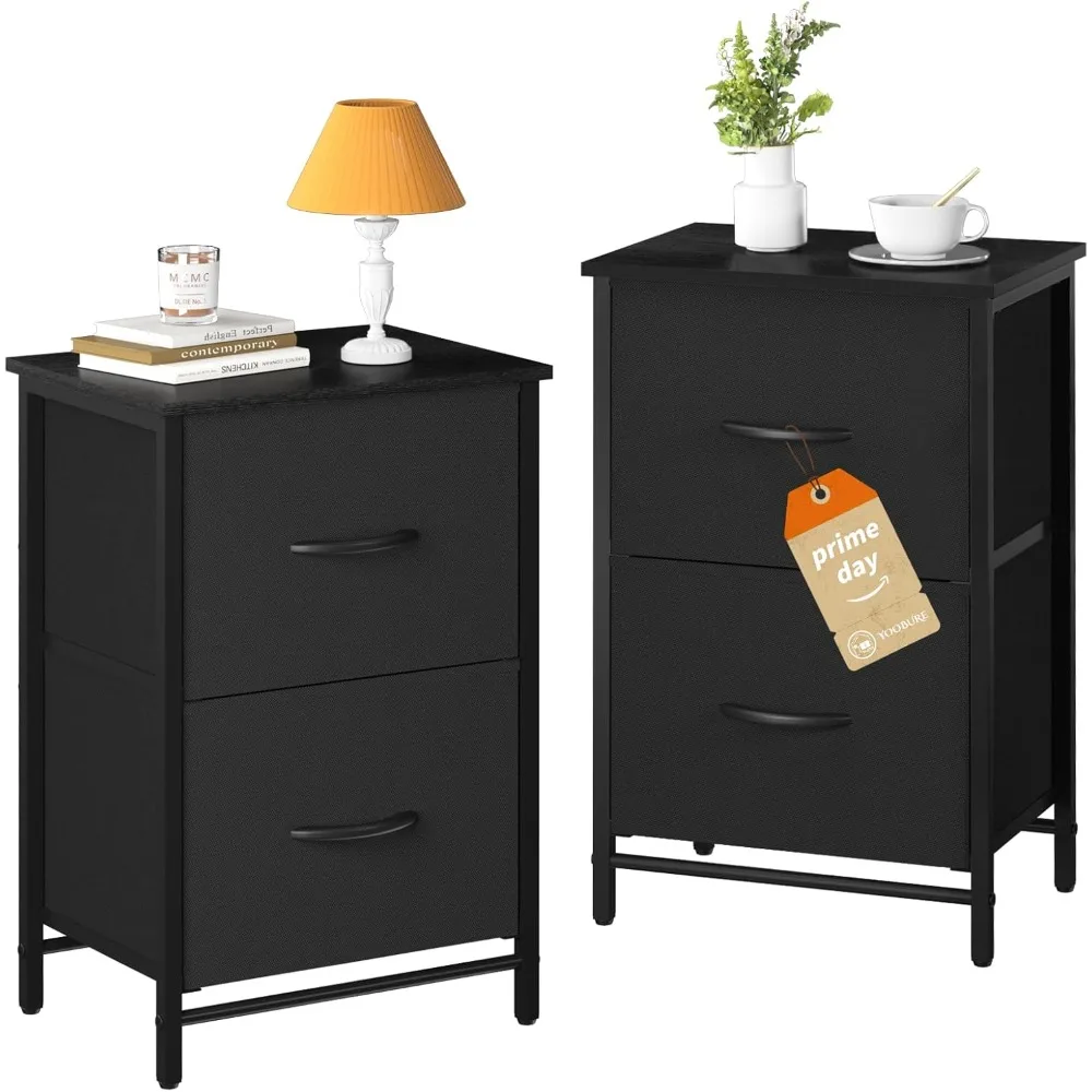 

Fabric Nightstand Set of 2 - Small Wood Bedside Tables with Storage Drawers for Bedrooms and Dorms