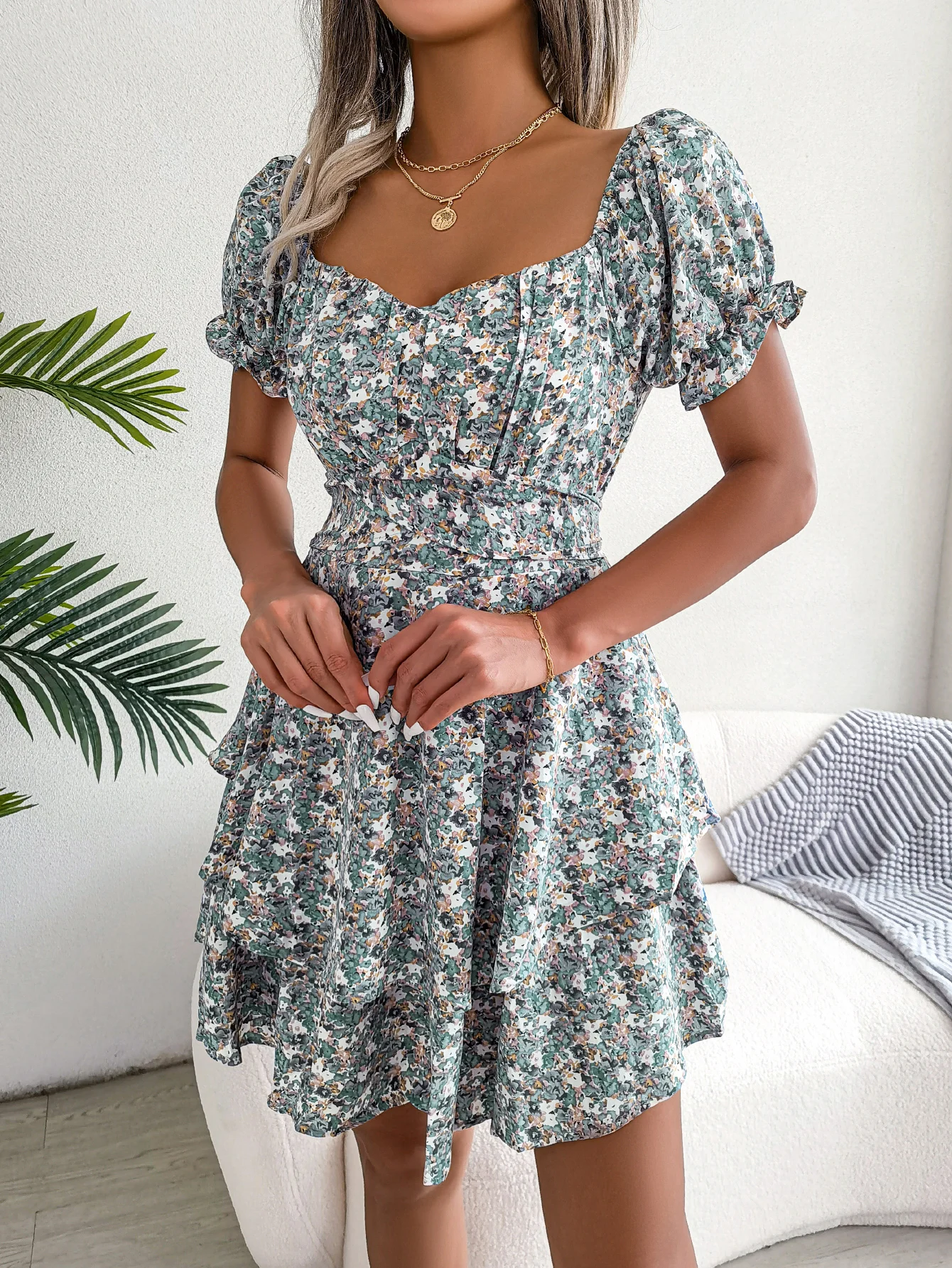 Spring Summer Elegant Floral Print Puff Short Sleeve Pleated Dress 2026  Casual Square Neck Lace Up Knee Length Dresses for Women - AliExpress  200000345